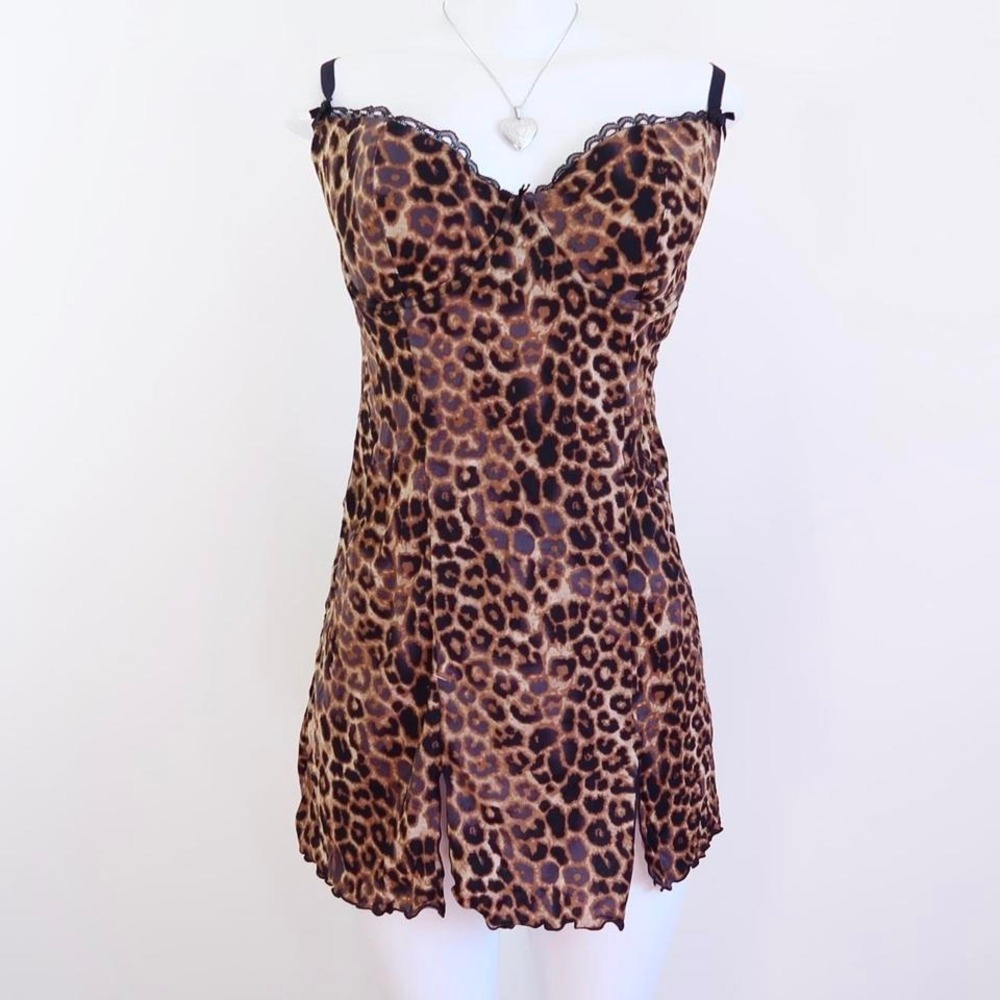 y2k leopard mesh slip dress sheer lace trim mini